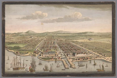 Vista de la ciudad de Batavia
La ciudad de Batavia en la isla de Java y capital de todas las fábricas y asentamientos holandeses en las Indias Orientales (título del objeto)
Nederzettingen van de VOC (título de la serie)