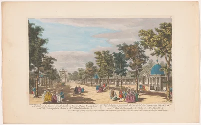 Vista de una avenida con un arco triunfal en Vauxhall Gardens en Londres Una vista del gran paseo sur en Vauxhall Gardens. Con los arcos triunfales, el Sr. Estatua de Handel, &c (título sobre el objeto) Ranelagh Gardens y Vauxhall Gardens (título de la ser