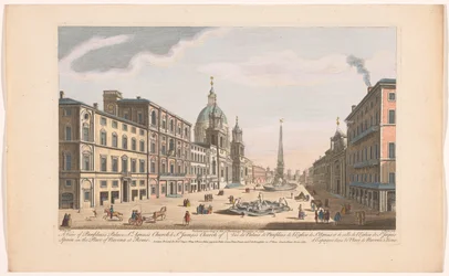 Gezicht en el Palazzo Pamphili en la Piazza Navona en Roma Una vista del Palacio de Panfilius, la Iglesia de San Agnus y la Iglesia de Santiago de España en la Plaza de Navona en Roma (título sobre el objeto) Roma (título de la serie)