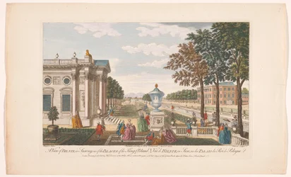 Gezicht op het Schloss Pillnitz Una vista de Bilniz en Sajonia, uno de los palacios del rey de Polonia (título sobre el objeto) Saksen (título de la serie)