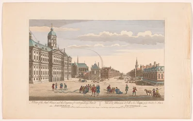 Vista del Ayuntamiento de Ámsterdam con los bomberos en la Plaza Dam Una vista de Stad House y los motores para extinguir incendios en Amsterdam (título sobre objeto) Holanda (título de la serie)