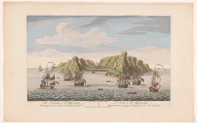 Vista de la isla de Santa Elena La isla de Santa Elena. Perteneciente a la Compañía de las Indias Orientales de Inglaterra (título sobre el objeto) Asentamientos de la VOC (título de la serie)