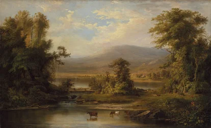 Paisaje con vacas bebiendo en un arroyo