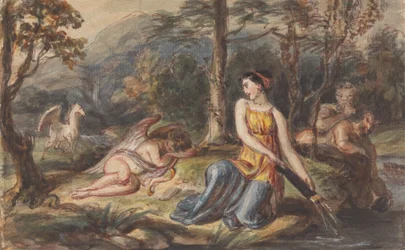 Diana, diosa de la caza, con sátiros, Cupido dormido y un Pegaso en un paisaje boscoso