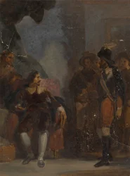 Hombre sentado hablando con un soldado de pie