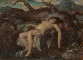Mujer durmiendo desnuda en un paisaje boscoso