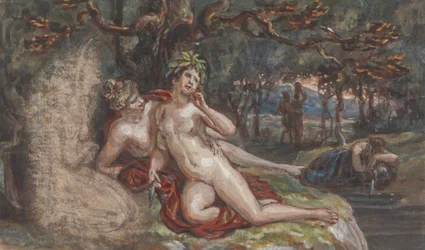 Escena boscosa con una pareja tumbada bajo un árbol, junto a un arroyo