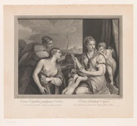 Venus hace een blinddoek om bij Cupido Venus eligiendo los ojos de Cupido. Venus cegando a Cupido (título sobre el objeto)