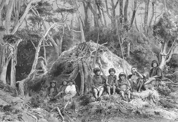 Fueguinos y sus chozas, c. 1885, 1890
