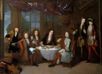 Desayuno de jamón. Hombres de la nobleza compartiendo una cena de embutidos