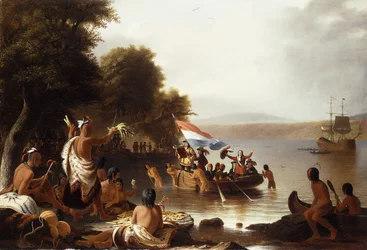 Desembarco de Henry Hudson, 1608 en Verplanck Point, cerca de Peekskill, Nueva York