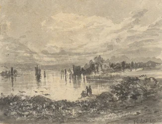 Vista del lago y las montañas con figuras
