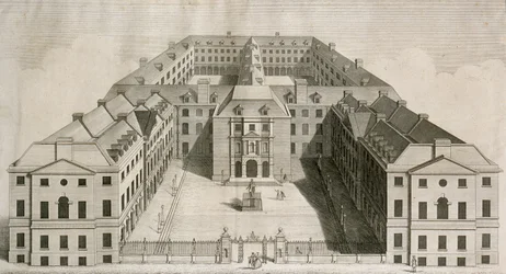 Vista aérea del Hospital de Guy, Southwark, con figuras en el patio, grabado por William Henry Toms, c.1756
