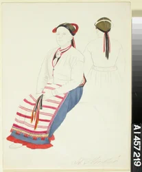 Campesina sentada de St Andre y una vista posterior de la misma mujer