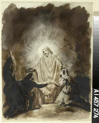 Cristo bendiciendo a dos personas arrodilladas