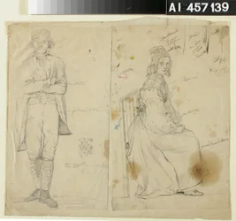 Hombre con las manos en alto y mujer con traje nacional