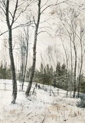 Dos figuras en un bosque invernal