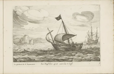 Dogger de dogboot Een Dogh-boot groot sobre 8 Last / Dogh-Boot de 8 Tonneaux (título sobre el objeto) Diversos barcos dont on se sert dans les Provinces Unies / Iconos de varios barcos holandeses cuyo uso es principalmente en las aguas interiores de la reg