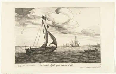 Vrachtkagen Een Vracht-kaghe groot about 6 Last / Cague de 6 Tonneaux (título sobre el objeto) Hollandse scheepstypen, 1627 (título de la serie) Varios barcos Don ton se sert dans les Unies Provincias / Iconos de varios barcos holandeses cuyo uso es princi