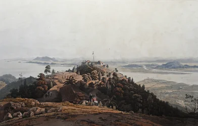 Vista desde el bungalow de convalecientes, Isla del Príncipe de Wale (sic), c.1820 (aguatinta coloreada)
