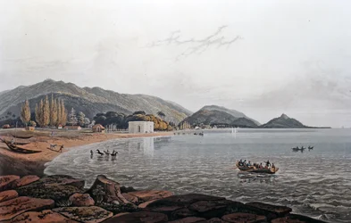 Vista de la Playa Norte desde la Casa del Consejo, Isla del Príncipe de Wale (sic), c.1820 (aguatinta coloreada)