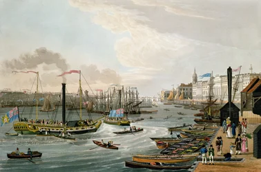 Vista del Puente de Londres y la Casa de Aduanas, con los yates de vapor de Margate, pub. 1820 por Colnaghi und Co.