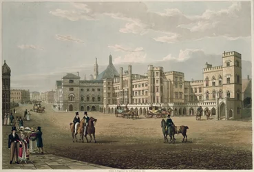 Vista de la Cámara de los Lores y los Comunes, desde Old Palace Yard, pub. 1821 por Colnaghi und Co.