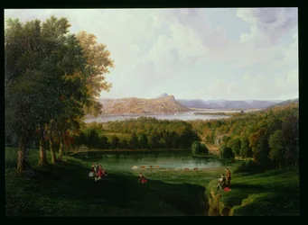 Vista desde Tarrytown del río Hudson, Iglesia Vieja Holandesa y Beckham Manor, 1866