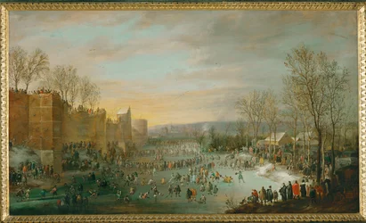 Patinaje en el ayuntamiento de Bruselas, Bélgica, el Archiduque Leopoldo Guillermo, Gobernador, mirando desde su carruaje (pintura sobre madera de roble)