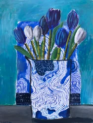 Tulipanes azules y blancos, c. 2022 (óleo sobre serigrafía sobre papel)