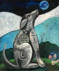 El perro y la luna azul, c.2020 (óleo sobre lienzo)