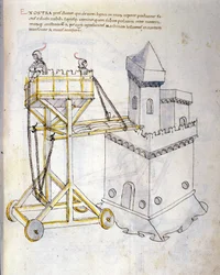 Arte de la guerra: estudio sobre las máquinas militares. torre de asalto para asediar las torres, ilustración de 