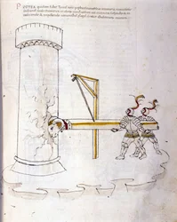 Arte de la guerra: estudio sobre las máquinas militares. uso del ariete para asediar una torre, ilustración de 