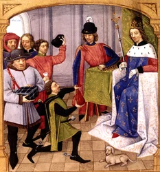 El rey francés Felipe V (1293-1322) recibiendo impuestos, iluminación de Robinet Testard de "Grandes chroniques de France" 1471