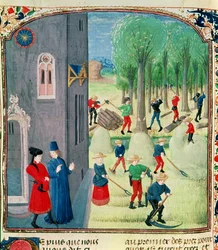 Ms. Lat 1173 Haciendo heno y cortando madera, de las Horas de Carlos de Angulema, c.1480