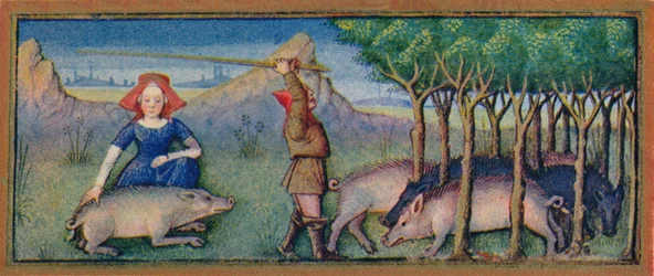 Octubre - alimentando cerdos con bellotas, siglo XV, 1939