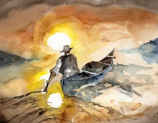 Hombre remando al atardecer