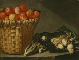 Cesta de frutas, coles, acelgas y cebollas (óleo sobre lienzo)