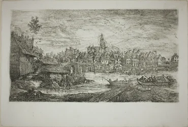 Ciudad con puente de piedra