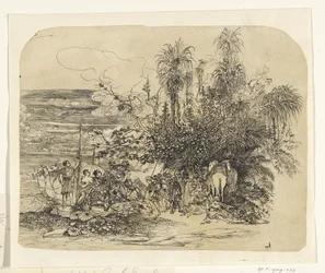 Paisaje con un grupo de orientales descansando con sus caballos y camellos