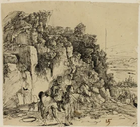 Paisaje montañoso con jinetes