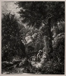 Descanso en la huida a Egipto con un burro ensillado, 1871