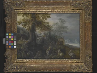 Paisaje con animales (óleo sobre madera)