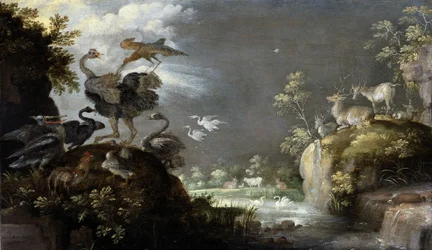 Paisaje con avestruz, c.1625 (óleo sobre tabla)