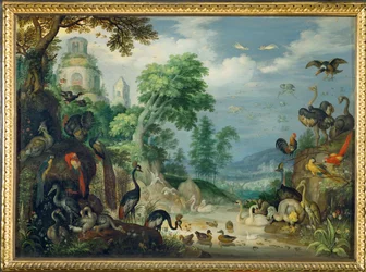 Paisaje con pájaros (pintura sobre cobre)