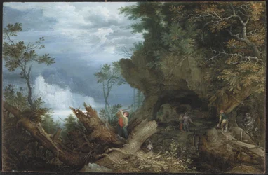 Paisaje montañoso con entrada a una mina, c.1612-13