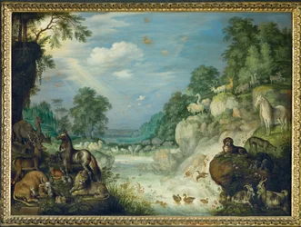Paraíso, al fondo La Caída (pintura sobre cobre)