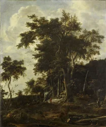 Paisaje forestal con cobertizo de leñador