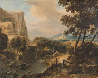 Paisaje montañoso con pescador