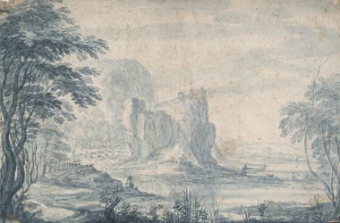 Paisaje con pescador y cazador de patos
